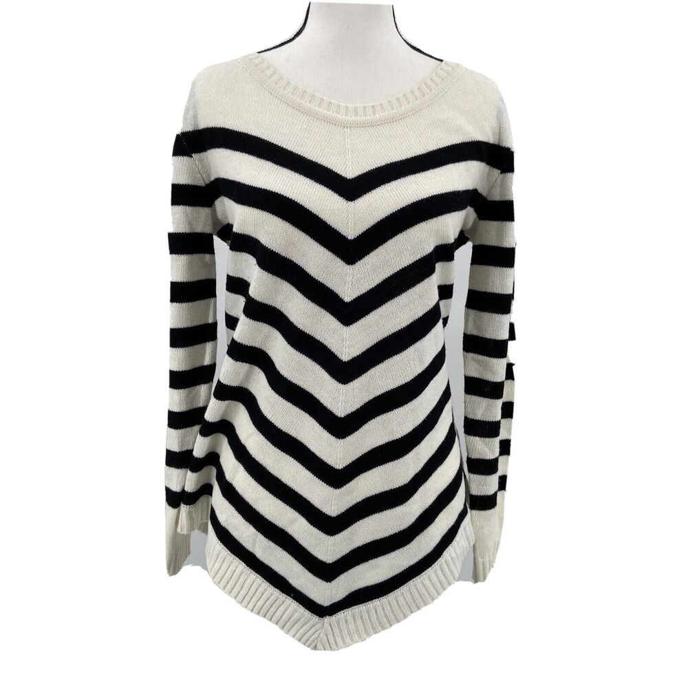 AB Studio Womens Long Sweater White Black Chevron Stripe Sz L Pointed Hem